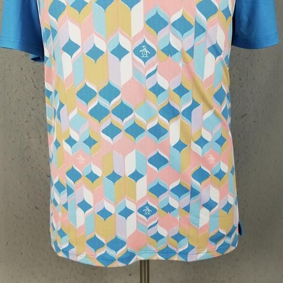 Original Penguin Polo Shirt Mens Medium Blue Multicolor Geometric Golf Stretch - Picture 3 of 13